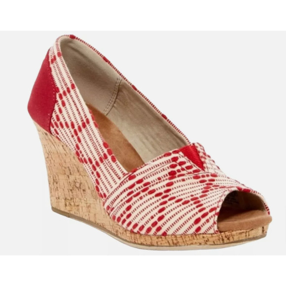 Toms Shoes - TOMS Multi Cross Stitch Open Toe Wedges Red and White size 8.5